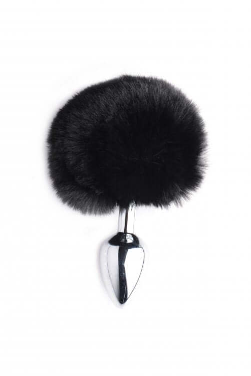Tailz Oynx Bunny Tail Anal Plug with black faux fur and smooth metal base, ideal for teasing and comfortable insertion.
