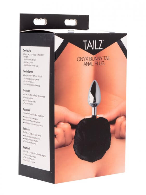 Packaging of Tailz Onyx Bunny Tail Anal Plug in black faux fur, showcasing its playful design and features.