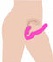 Strap U Evoke rechargeable silicone strapless strap on in pink, illustrating dual motor design for shared pleasure.