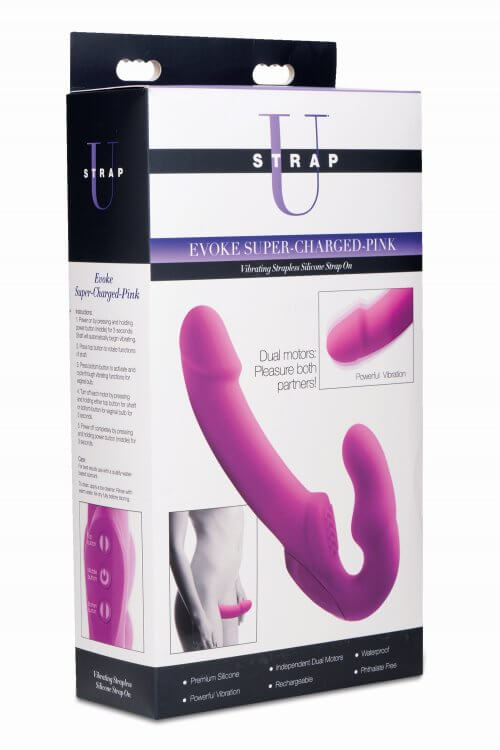 Strap U Evoke rechargeable silicone strapless strap on in pink packaging, showcasing dual motors for enhanced pleasure.