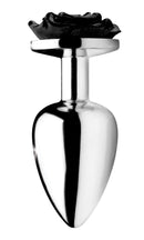 Booty Sparks Black Rose Anal Plug Large Aluminum featuring a shiny metallic finish and a black rose detail.