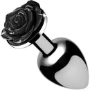 Booty Sparks Black Rose Anal Plug Large Aluminum with a black rose detail and polished metal finish.