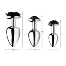 Booty Sparks Black Rose Anal Plug Large Aluminum with size dimensions and elegant black rose design.