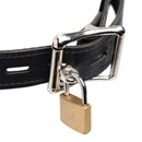 Close-up of the buckle and padlock on the Master Series Musk Athletic Cup Muzzle White's adjustable strap.