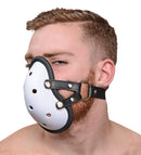 Master Series Musk Athletic Cup Muzzle White worn by a model, featuring a silicone cup and adjustable leather straps.