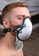 Master Series Musk Athletic Cup Muzzle White worn by a male model for scent play and humiliation.