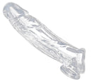 Realistic Clear Penis Enhancer and Ball Stretcher with a lifelike veined design, made of clear material.