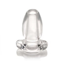 Master Series Gape Glory Clear Hollow Anal Plug displayed on a clean background, showcasing its transparent design.
