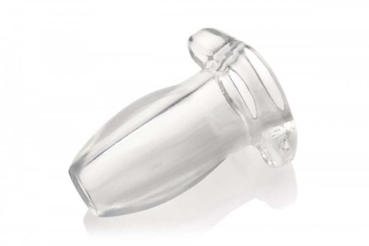 Master Series Clear Hollow Anal Plug for beginners, featuring a peephole for visibility and liquid play.