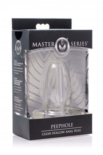 Master Series Peephole Clear Hollow Anal Plug packaging showcasing the product for anal beginners.
