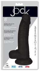 JOCK 8 Inch Dong with Balls Black displayed on packaging, showcasing realistic design and suction cup base.