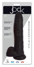 JOCK 11 Inch Dong with Balls Black on a package showcasing its lifelike design and suction cup base for stability.