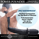 Power Pounder Vibrating and Thrusting Silicone Dildo Black in a shower setting showcasing its waterproof features.