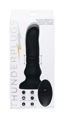 Silicone Vibrating and Thrusting Plug with Remote Control displayed on packaging with features highlighted.