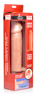 Size Matters 2 Inch Silicone Penis Extension Flesh packaging showcasing added length and girth features.