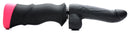 LoveBotz Mega-Pounder Handheld Thrusting Silicone Dildo side view with pink base and textured body.