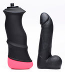 LoveBotz Mega-Pounder Handheld Thrusting Silicone Dildo beside a realistic silicone dildo.
