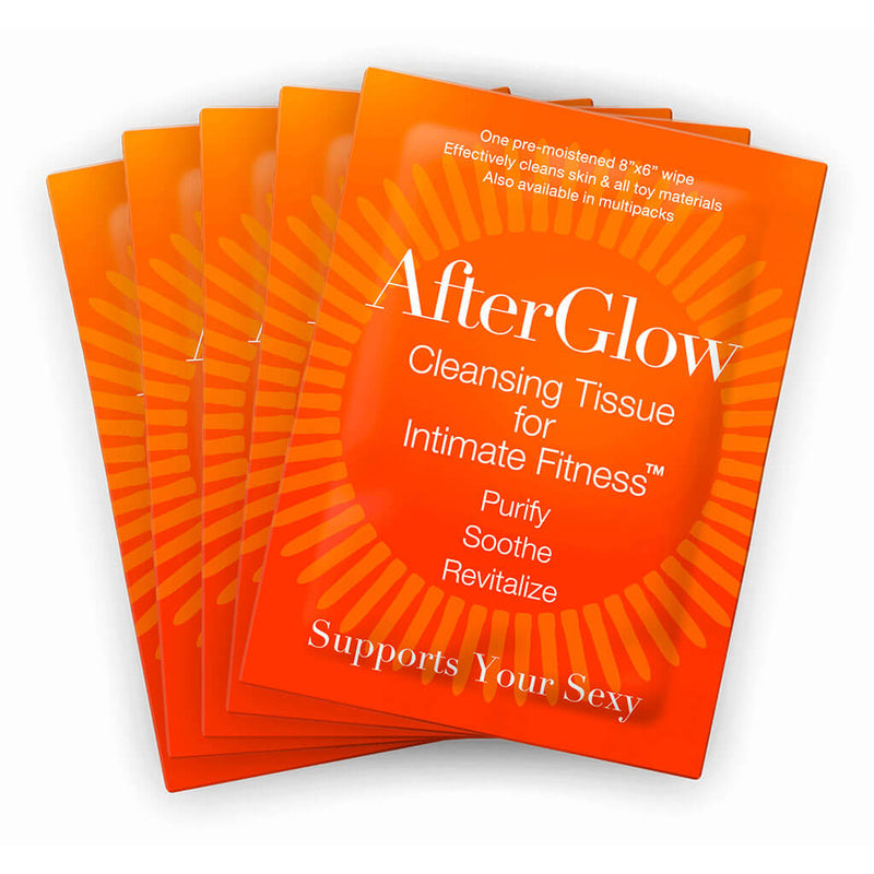 AfterGlow Multipack Cleansing Tissue for Intimate Fitness packaging showing product benefits – Purify, Soothe, Revitalize.