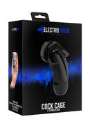 Electroshock Chastity Cock Cage E-Stimulation Black packaging with remote for e-stimulation control.