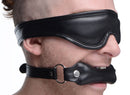 STRICT Padded Blindfold and Gag Set Black on a model demonstrating sensory play and bondage.