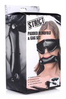 STRICT Padded Blindfold and Gag Set Black packaging featuring padded blindfold and gag for sensory play.