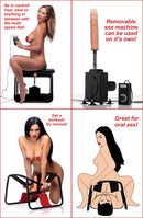 LoveBotz 4 in 1 Banging Bench with Sex Machine Black shown with models demonstrating various features.
