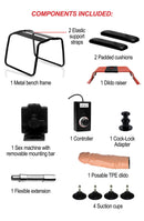 Components of LoveBotz 4 in 1 Banging Bench with Sex Machine Black including frame, machine, and accessories.