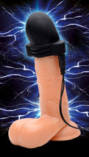 Zeus Lightning Hood E-Stim Penis Head Teaser Black on a glowing electric background, showcasing its design for stimulation.