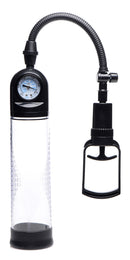 Size Matters Trigger Penis Pump with Pressure Gauge featuring a pressure gauge and squeeze-trigger handle.