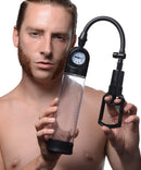 Size Matters Trigger Penis Pump with Pressure Gauge held by a model demonstrating its design and features.