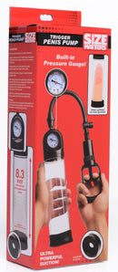 Size Matters Trigger Penis Pump with Pressure Gauge packaging features pressure gauge and clear cylinder for suction.