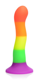 Strap U Proud Rainbow Silicone Dildo with Harness in vibrant rainbow colors, designed for comfortable pleasure and G-spot stimulation.
