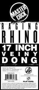 Master Cock Raging Rhino 17 Inch Veiny Dildo Black packaging details and specifications.