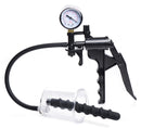 Rosebud Driller Cylinder with Silicone Swirl Insert with a gauge and a black handle for anal pumping.