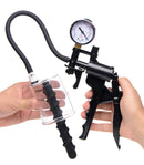 Rosebud Driller Cylinder with Silicone Swirl Insert featuring a pump and gauge system for anal pumping and penetration.