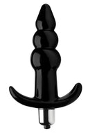Frisky Ribbed Vibrating Butt Plug Black with three bulb design and removable vibrating bullet for anal pleasure.