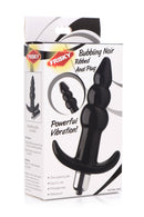 Frisky Ribbed Vibrating Butt Plug Black packaging with details and features, showcasing its playful design and vibrating bullet.