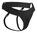 Thinz Londyn Jock Style Strap-on Harness Black showing a sleek black design ideal for comfortable penetrative play.