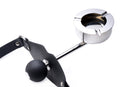 Master Series Ashtray Ball Gag Black bondage accessory with silicone gag and metal ashtray.