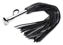 Strict Leather Flogger with Stainless Steel Handle featuring black leather falls and a weighted steel handle.