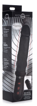 8X Auto Pounder Vibrating Thrusting Dildo with Handle Black packaging showcasing features and controls.