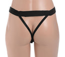Size Matters Hollow Silicone Dildo Strap-On Black harness displayed from the back on a mannequin.