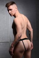 Size Matters Hollow Silicone Dildo Strap-On Black displayed on a model showcasing its fit and design.