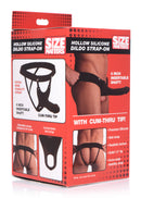 Size Matters Hollow Silicone Dildo Strap-On Black packaging showcasing features like adjustable straps and realistic design.