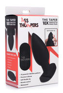 The Taper 10X Silicone Remote Control Vibrating Butt Plug packaging featuring sleek design and remote control.