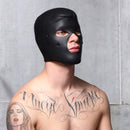 Scorpion Hood With Removable Blindfold and Face Mask on a model showcasing its sensory-control design.
