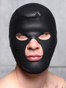 Scorpion Hood With Removable Blindfold and Face Mask displayed on a male model's head.