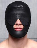 Scorpion Hood With Removable Blindfold and Face Mask displayed on a model, showcasing its three-hole design.