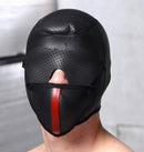 Scorpion Hood With Removable Blindfold and Face Mask featuring a perforated design and adjustable mouth cover.