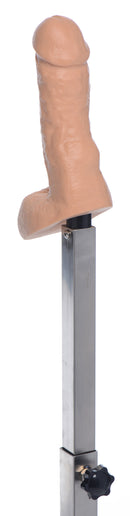 Master Series Squat Anal Impaler with Spreader Bar and Cuffs featuring a realistic dildo on a stainless steel bar.